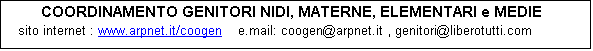 Casella di testo: COORDINAMENTO GENITORI NIDI, MATERNE, ELEMENTARI e MEDIE
sito internet : www.arpnet.it/coogen e.mail: coogen@arpnet.it , genitori@liberotutti.com